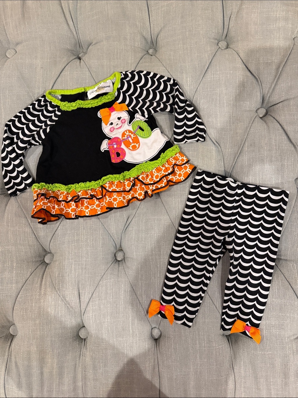 Rare Editions Black, Orange & Lime Girls Halloween Ruffle Top & Leggings